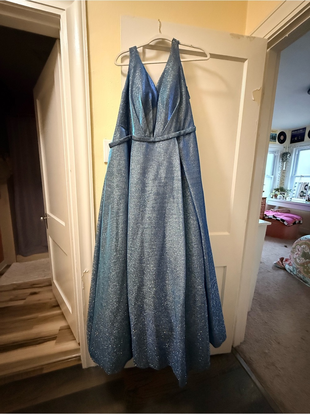 David's Bridal Sparkle Light Blue V-Neck A-Line Prom Gown